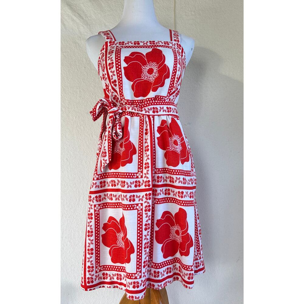 Draper James RSVP Red Ivory Linen Blend Belted Sun Dress Size Small